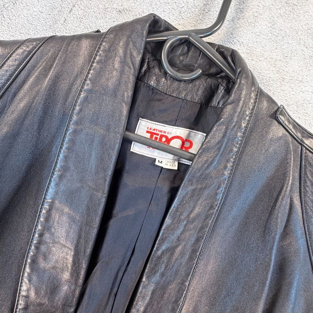 Tibor Leather Coat Women Medium Black Open Front Long Genuine Leather USA